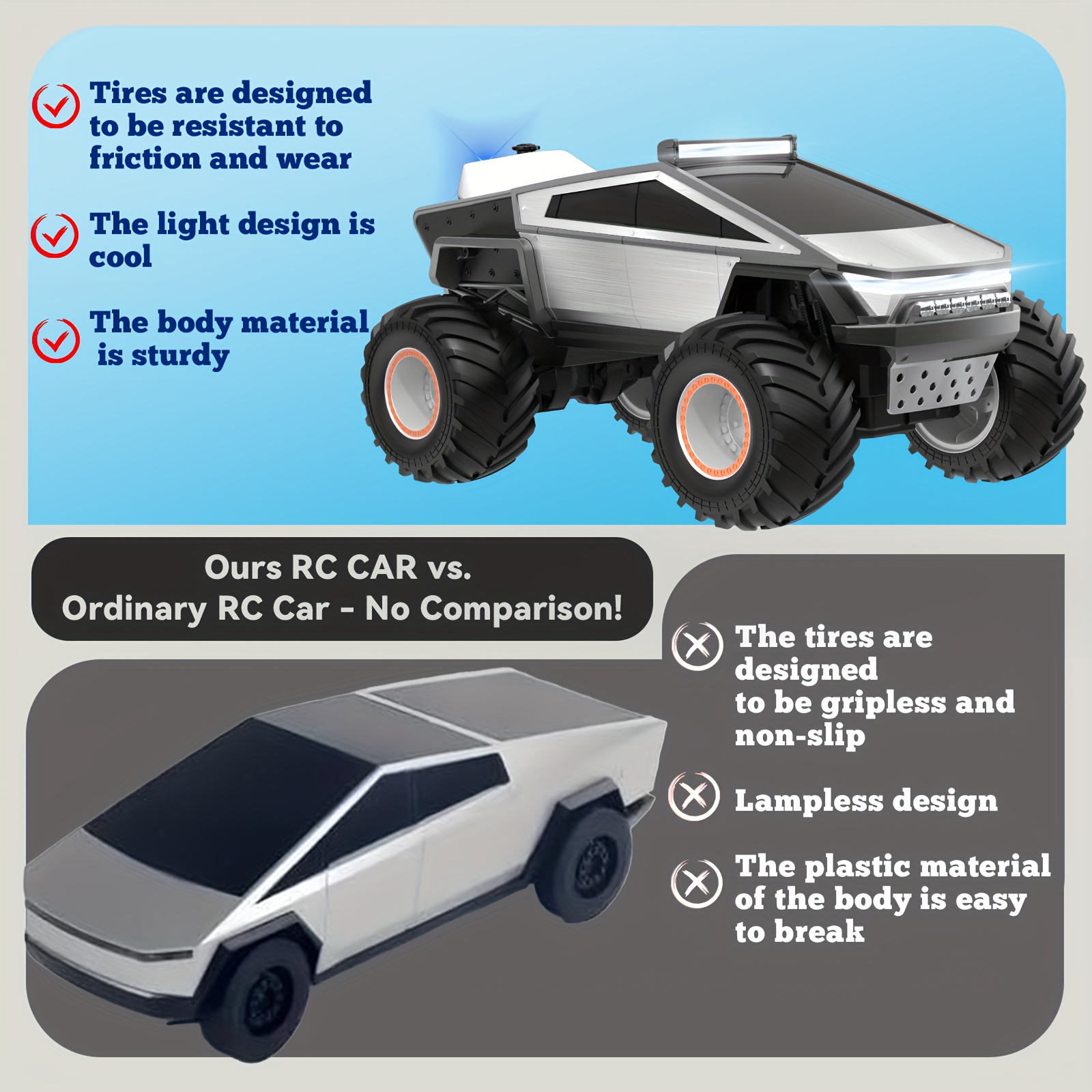 2 4ghz 4wd all terrain   truck toy with led lights music metal body large all terrain tires realistic sound effects remote   road vehicle with ergonomic grip battery powered with rechargeable lithium polymer battery Product details 4