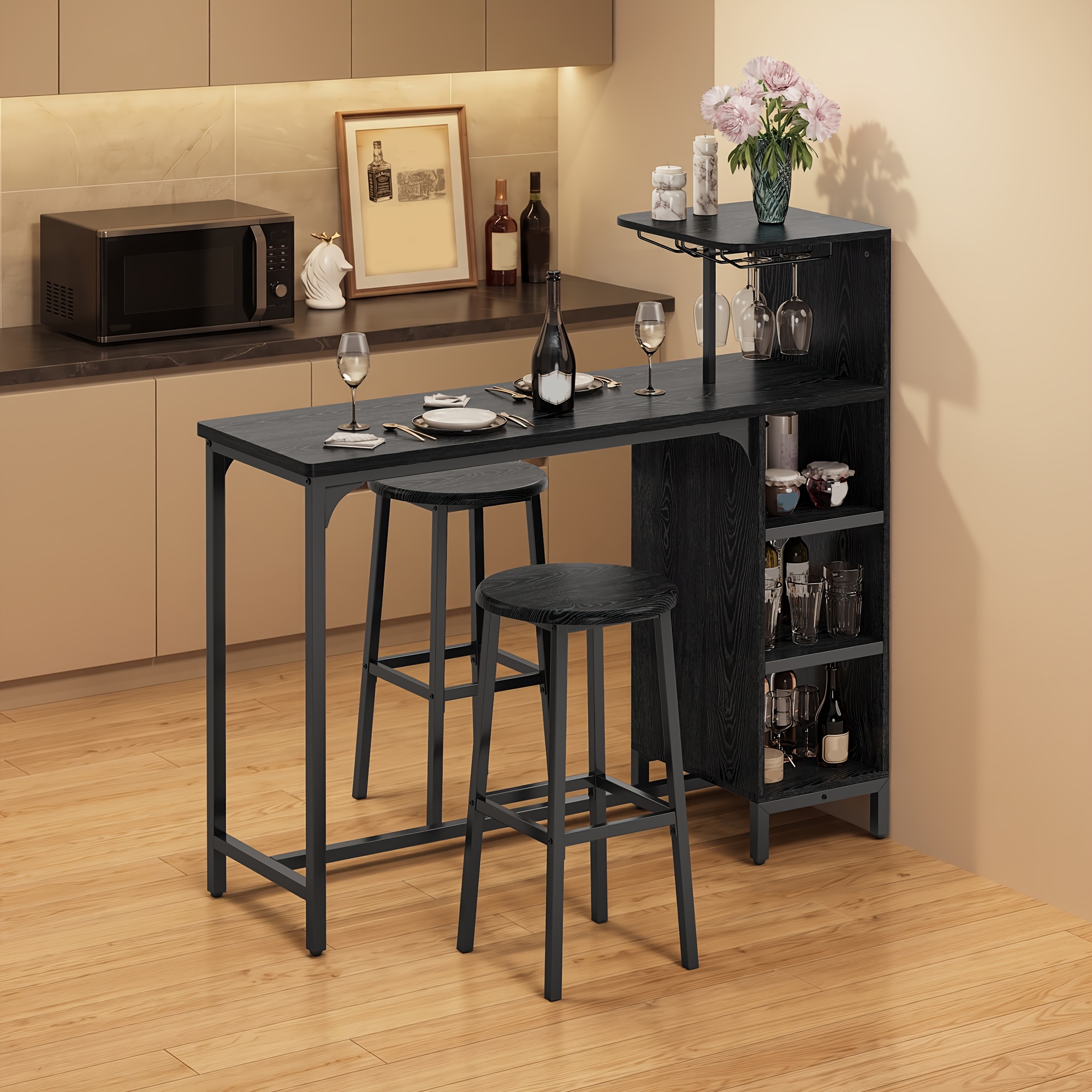3pcs Bar Table And Chairs Set For 2, Dining Table With 3-tier Storage Rack And Wine Glass Rack, Space- Kitchen Worktop Suitable For Living Room, Kitchen, Or Bar, Rustic Brown/black, Easy To Assemble