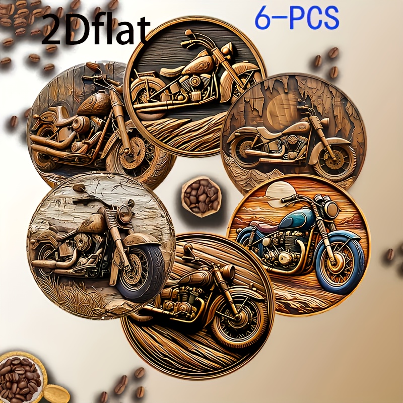 Image of 2d Flat, 6pcs Vintage Motorcycle Coaster - Wood Heat-resistant Suitable For Coffee Tables, Office & - Motorcycle-themed Coasters With Wood - Ideal For Drinks, Kitchen & Gifts (6 Coasters)