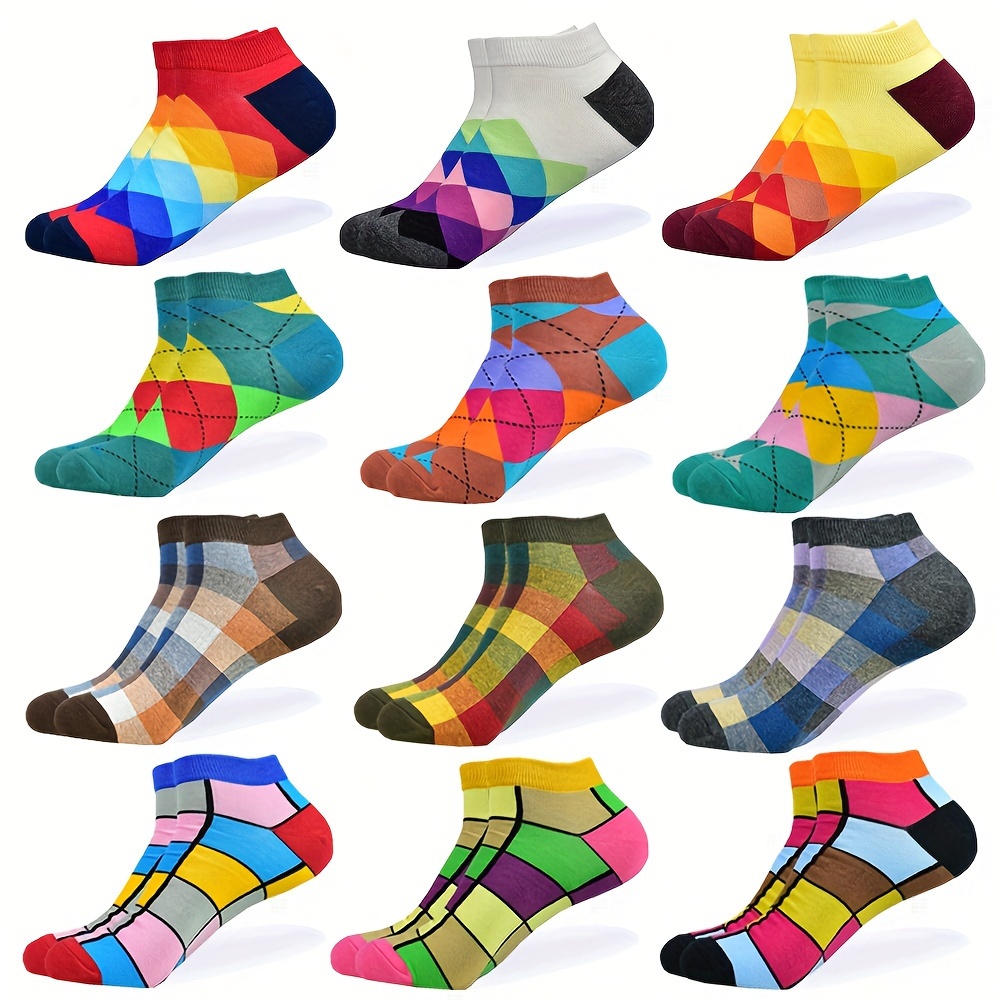 

6 Pairs Of Men's Cotton Blend Anti Odor & Sweat Absorption Fashion Color Checkered Low Cut Socks, Comfy & Breathable Socks, For Daily & Outdoor Wearing, Spring And Summer