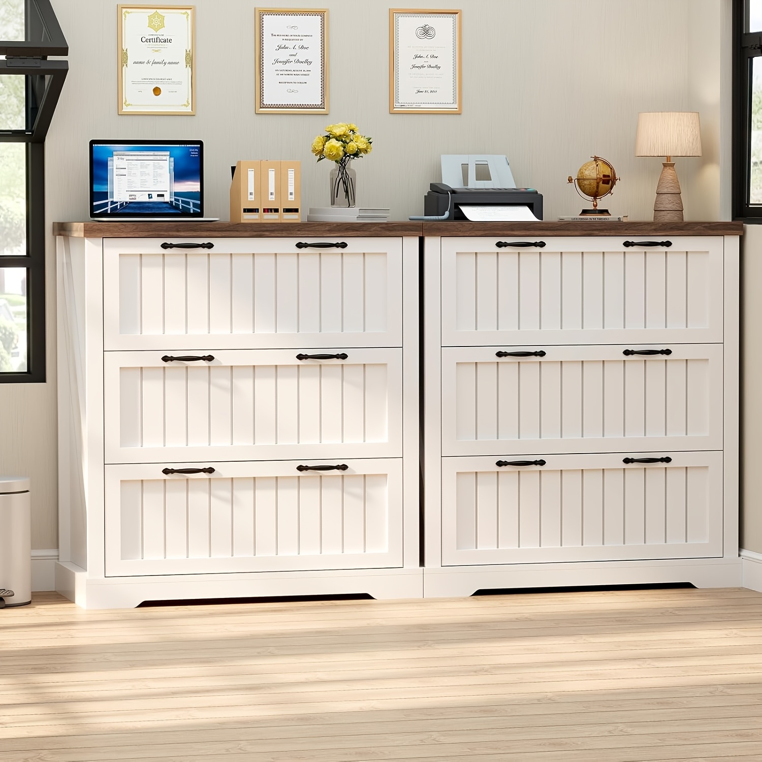 A Rustic Sideboard Storage Cabinet Featuring Three Wooden Drawers, Designed for Multiple Uses. This Stylish File Cabinet Serves As Accent Furniture Suitable for The Living Room, Entryway, Home Office, Or Kitchen, Available in White, Brown, And Grey