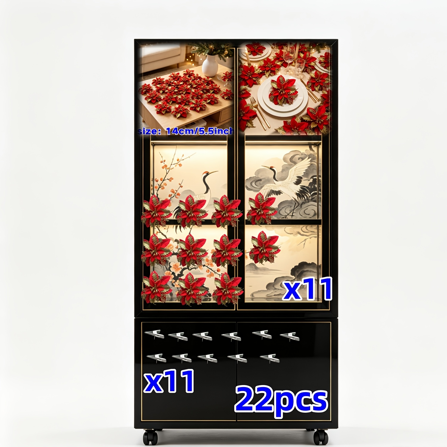 TEMU Ensemble de 22 têtes de fleurs de poinsettia artificielles (11 fleurs + 11 pinces). Les pétales veloutés ont une texture pleine et