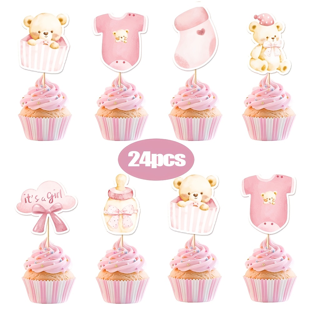 24/48pcs Cake Decoration, Baby Shower Party Decoration, A Girl, Teddy Bear Theme, Cupcake Decoration, Suitable For Baby Shower, Baby Welcome Party, Pink, Halloween, Christmas