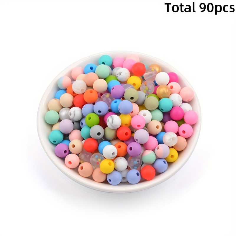 TEMU 90pcs Silicone Beads Set: 9mm/12mm/15mm Round Loose Red, Pink, Green, White, Purple, Blue, Colors Mixing, Diy Keychain Necklace Bracelet Jewelry