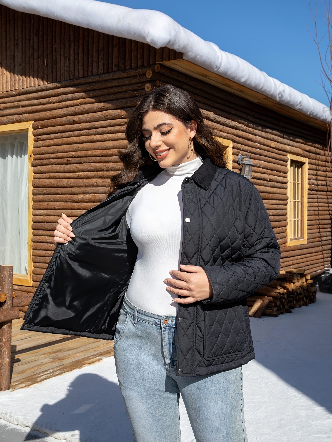 Women'S Plus Size Tartan Quilted Jacket, Casual Polyester 100% Long Sleeve  with Contrast Lapel Collar, Skinny Fit Fall/Winter Outerwear, Woven