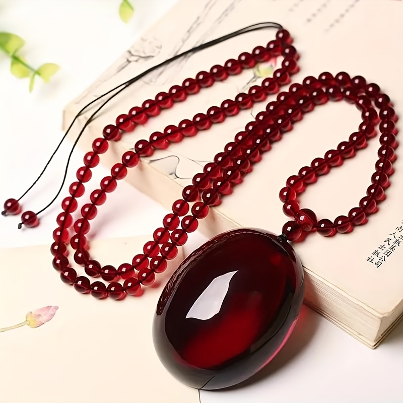 

Elegant Red Amber Teardrop Pendant Necklace - Hypoallergenic Alloy Chain, Perfect Gift For