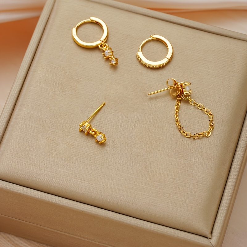 Image of 4pcs/set Golden Plated Hoop Earrings For Women - Dainty Huggie , Hypoallergenic Cute Cartilage Studs, Trendy Fashion Jewelry
