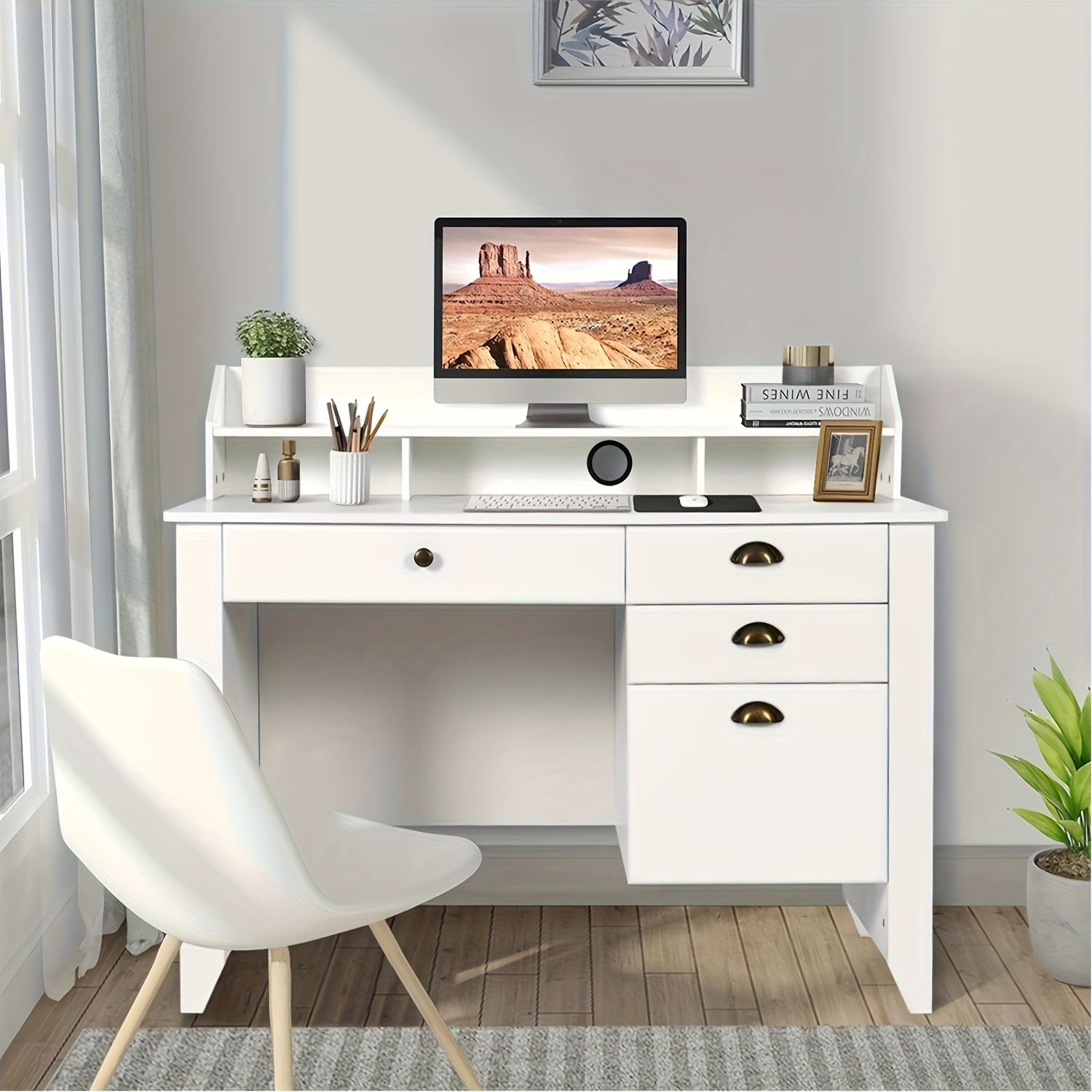 

Desk With Drawers And Hutch, Small White Desk With Storage Shelf, Computure Desk With File Drawer, Home Office Desk, For Small Space