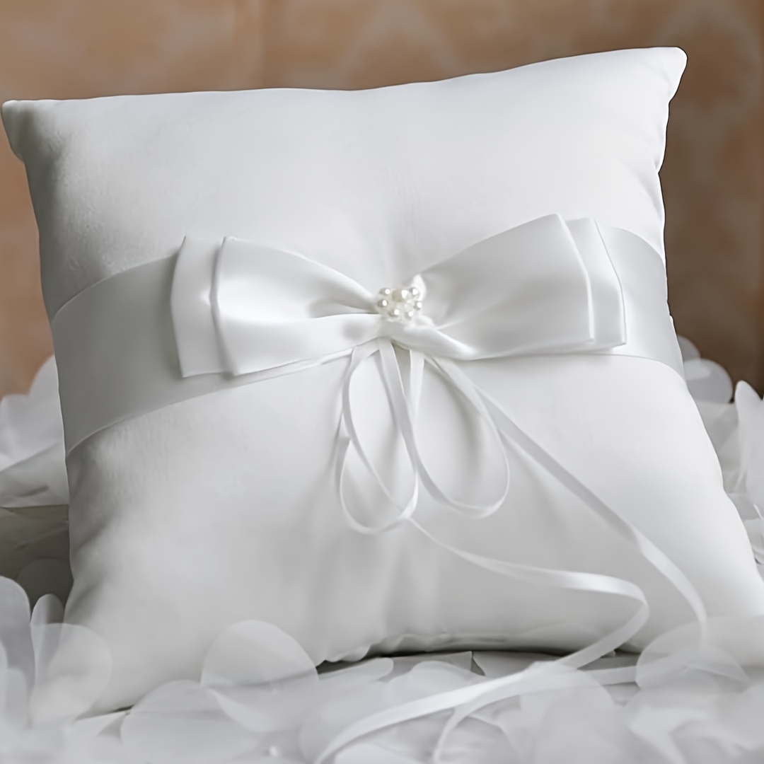 

Elegant Wedding Ring Pillow With Large Bow - 5.91" Square, Polyester Cushion For & Party Decor, Hand Wash Only, For Wedding