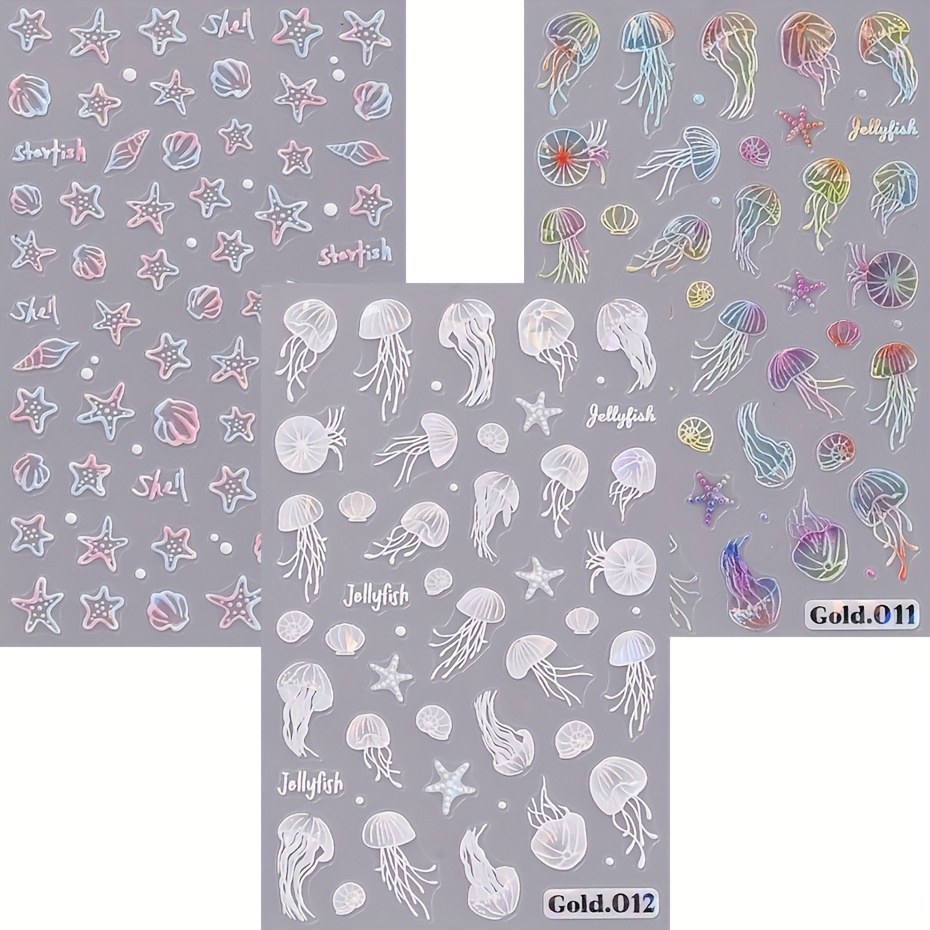 Image of 3 Sheets Of Ocean-themed Nail Stickers - 5d Embossed Starfish, Shell, And Iridescent Jellyfish Summer Nail Decals - Easy To Apply - Suitable For Nail Design - G011-013