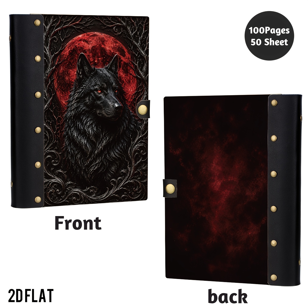 TEMU 1pc Cahier à couverture rigide en bois avec portrait de loup , Journal gothique, Idéal pour les fans de fantasy et le journaling. Comprend une