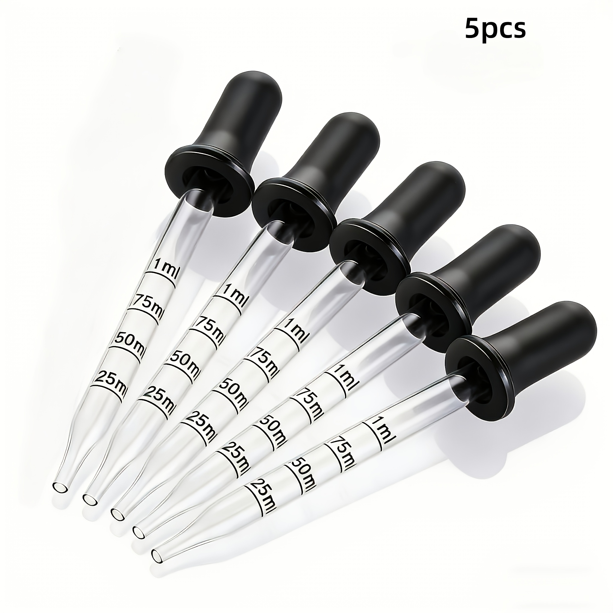 TEMU 5pcs Glass Droppers With Lids, 1ml Graduated , For Precise Liquid Transfer, Suitable For Cosmetic , Ear And Eye Droppers, For Medicine Feeding,