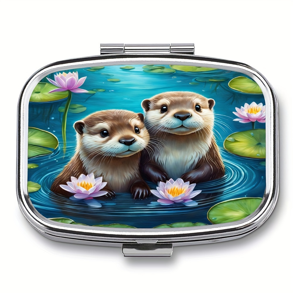 

Otter With Flower 1pc Medicine Box, 2-compartment Portable Pocket Or Wallet Medicine Box - Decorative Metal Vitamin Organizer. Travel