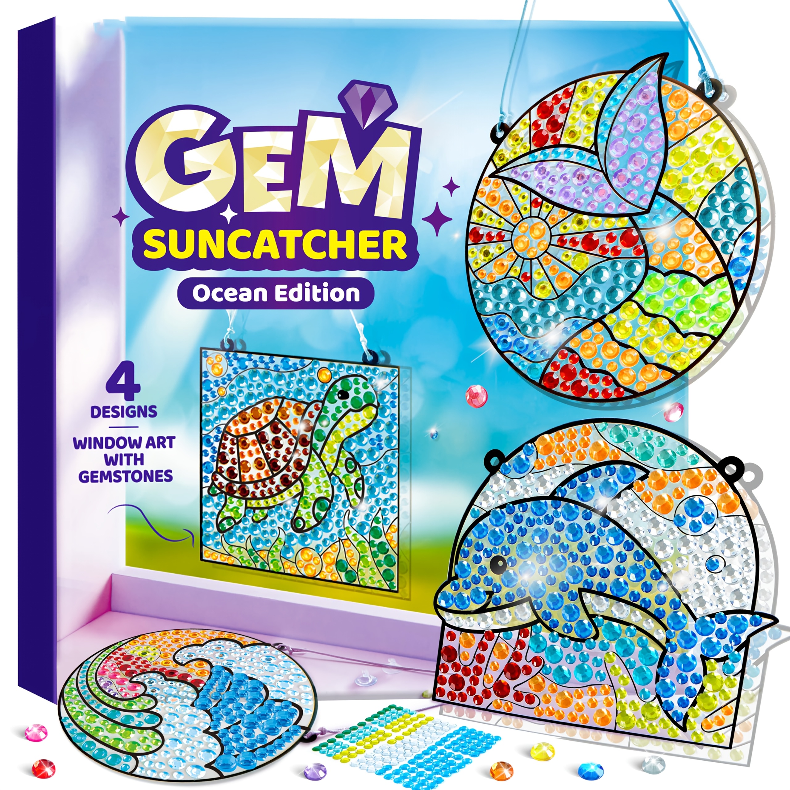 TEMU 4pcs Diamond Painting Kits Suitable For Kids, Ocean-themed Gem Art With Multicolor Mosaic Gems, Window Suncatchers Crafts For , Irregular Shaped