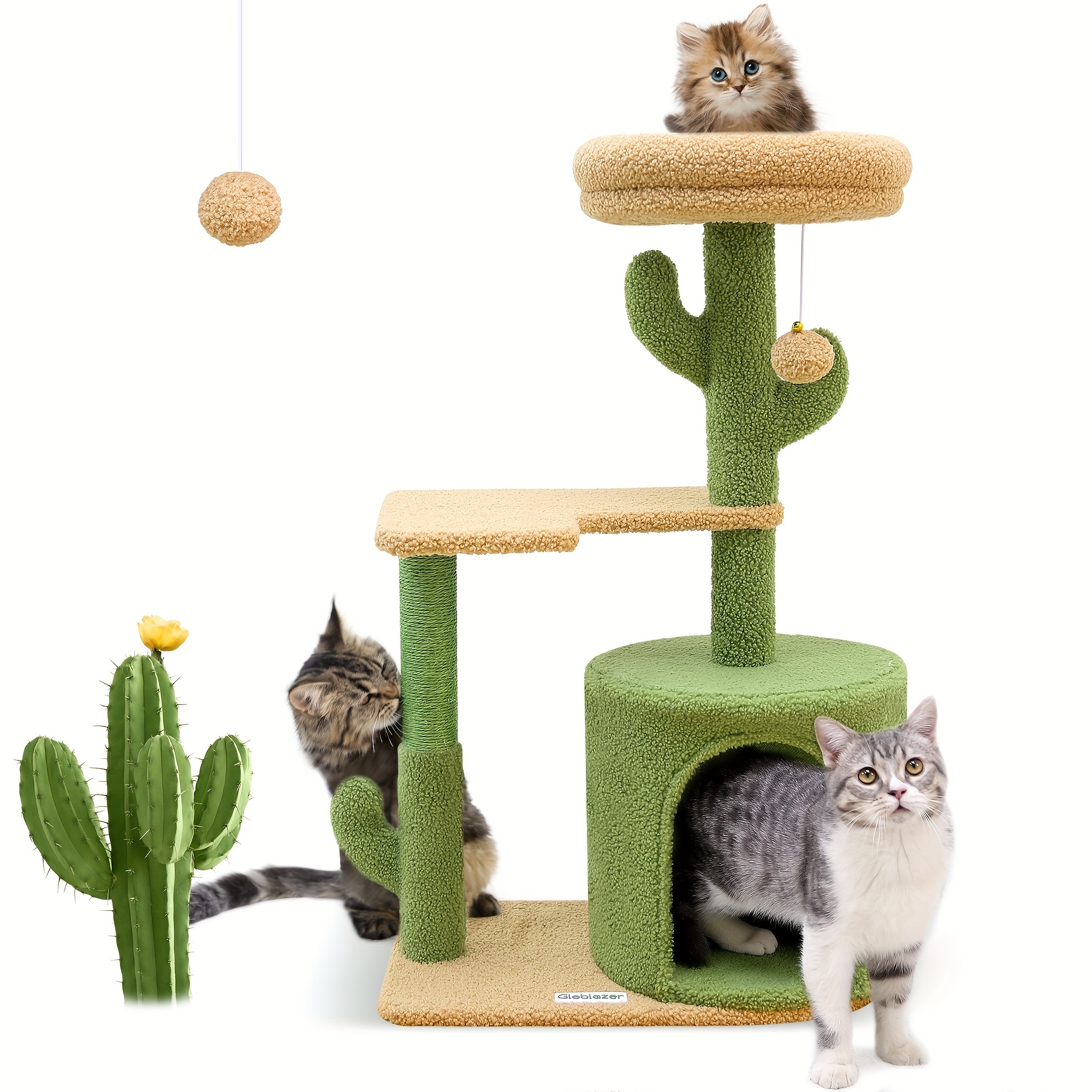 

F33 Cactus Cat Tree, 33inch Cute Kitten Cat Tower With Scratching Post, Small Cat Tree For Indoor Cats With Padded Top Perch, Cozy Condo, Large Plush Platform And Hanging Ball For Baby Cats #globlazer