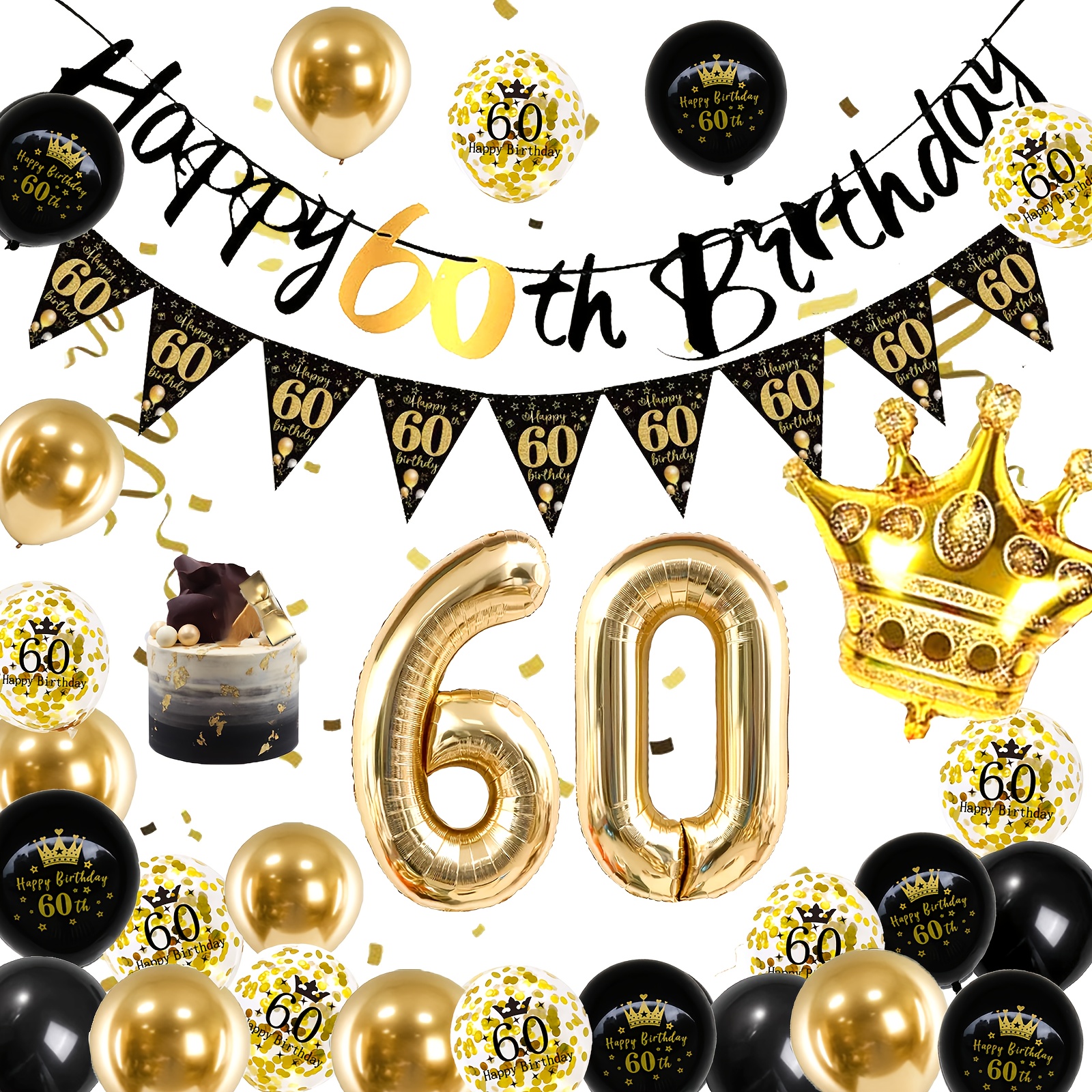 60th Birthday Celebration Kit - Black And Golden Balloons, Happy Birthday Banners For Genders - Flags -