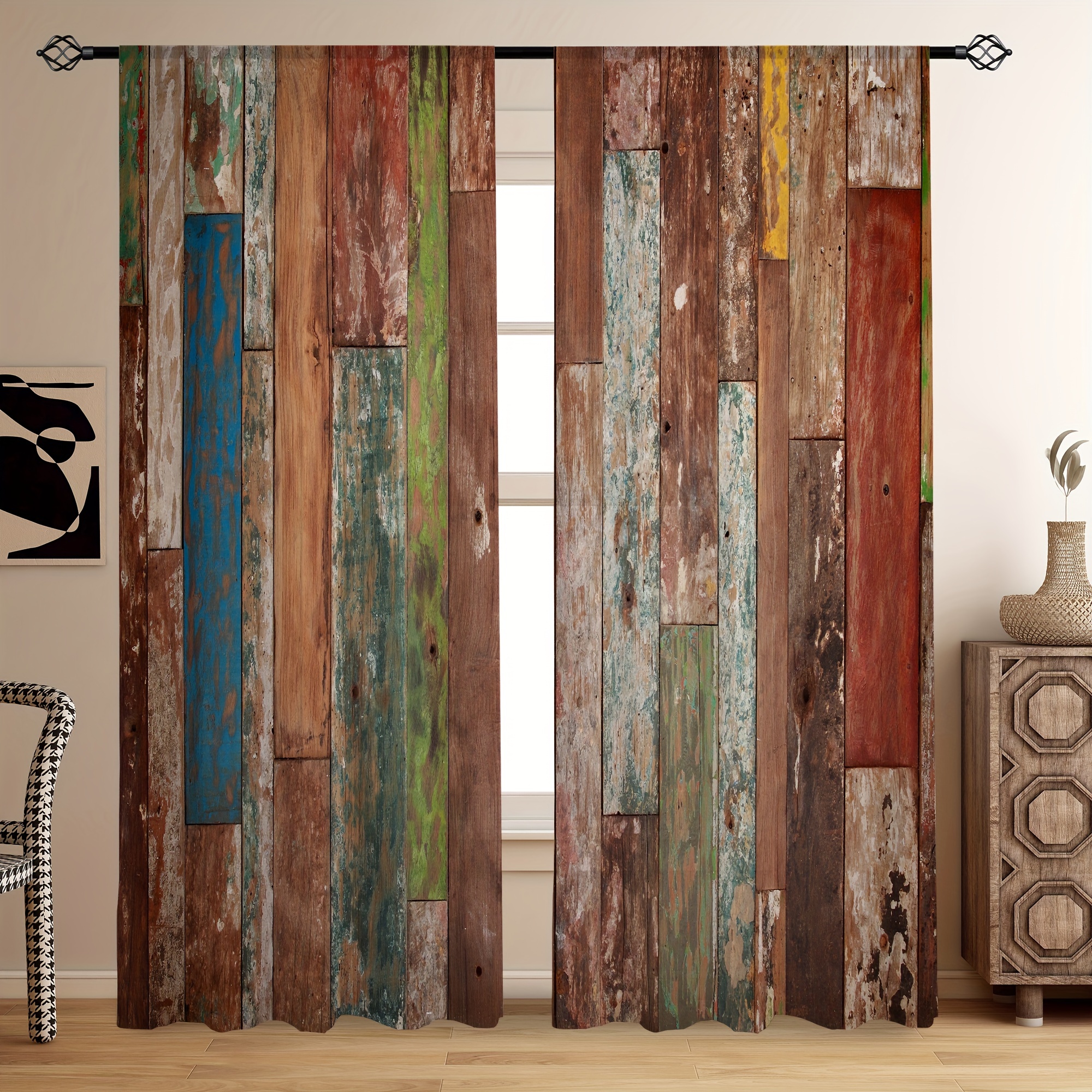 2pcs Rustic Wooden Print Curtains, Decorative Window Drapes, Window Treatments For Bedroom Living Room, Home Decoration, Room Decoration