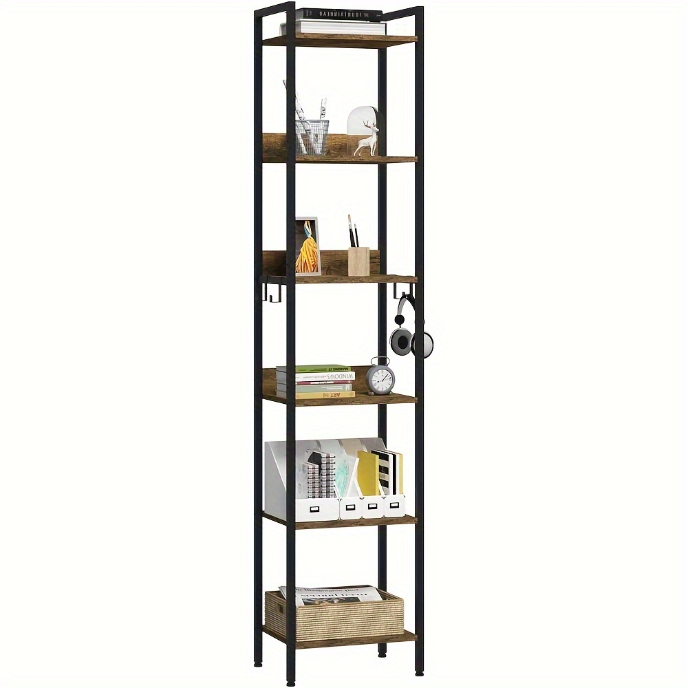 Image of 1pcs 6-layer Bookcase, Industrial Vertical Bookcase, Freestanding Bookshelf, Office Storage Rack, Living Room Bedroom Kitchen With 4 Hooks, Black + Vintage