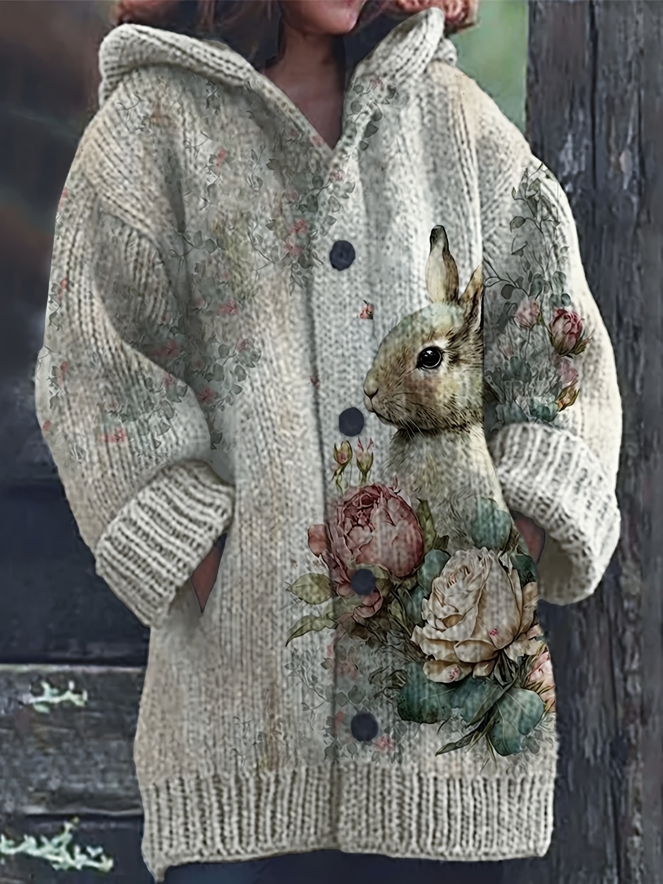 Women'S Cozy Hooded Cardigan with Floral & Rabbit Print Long Sleeve Button-Up Loose Fit Autumn Winter Casual Wear