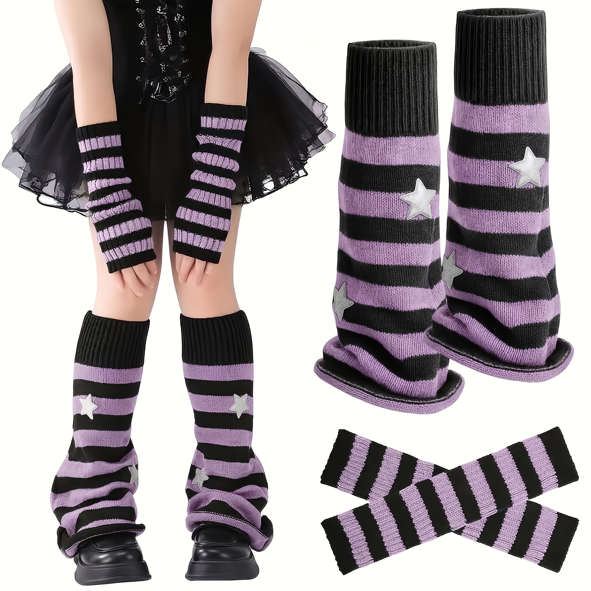 TEMU Juego de 2 piezas de calentadores de piernas y guantes a rayas negras y grises con estrellas de puntas, decorativos, de moda y versátiles. del