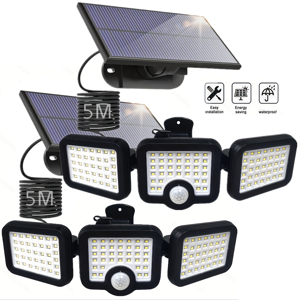 TEMU Outdoor Solar Motion Sensor Light With 16.4ft Cable, 3-head Motion Sensor Lamp, 5000 108 High Brightness Leds Safety Light, 270° Wide Angle