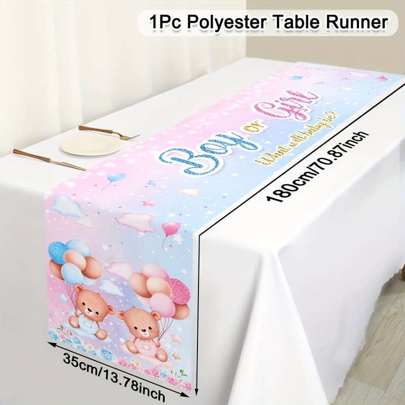 Image of 1pc Cute Gender Reveal Table Runner Pink And Blue Teddy Bear With Balloons Polyester Table Cover Gender Reveal Party Decorations Birthday Party Supplies, Home Kitchen Dining Room Table Decor