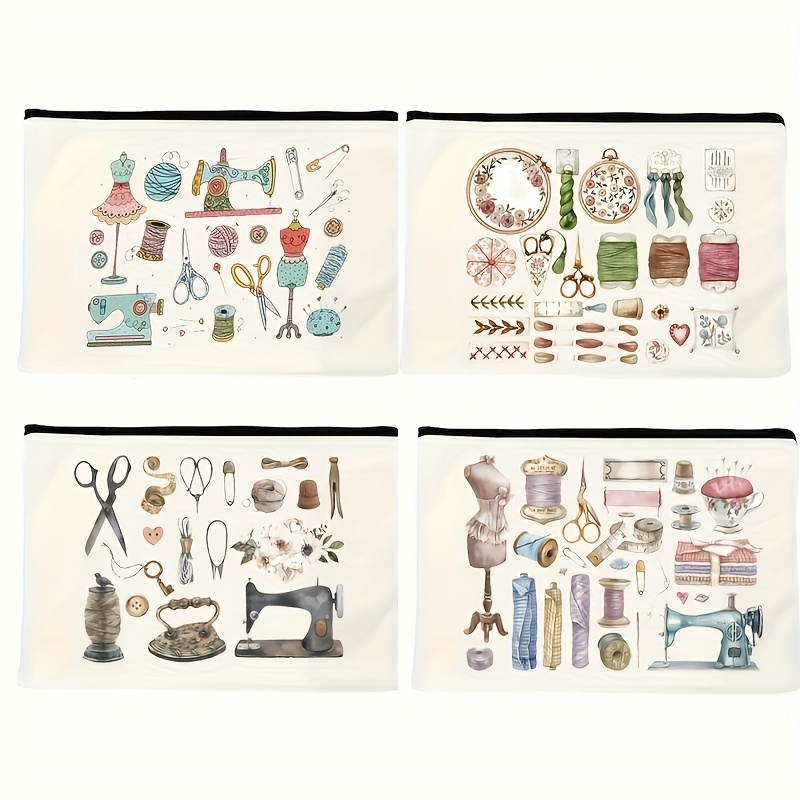 

Canvas Sewing-themed Cosmetic Bag With Zipper - Non-waterproof Unscented Makeup Organizer For Travel Storage - Sewing Machine And Tools Design Gift For Women
