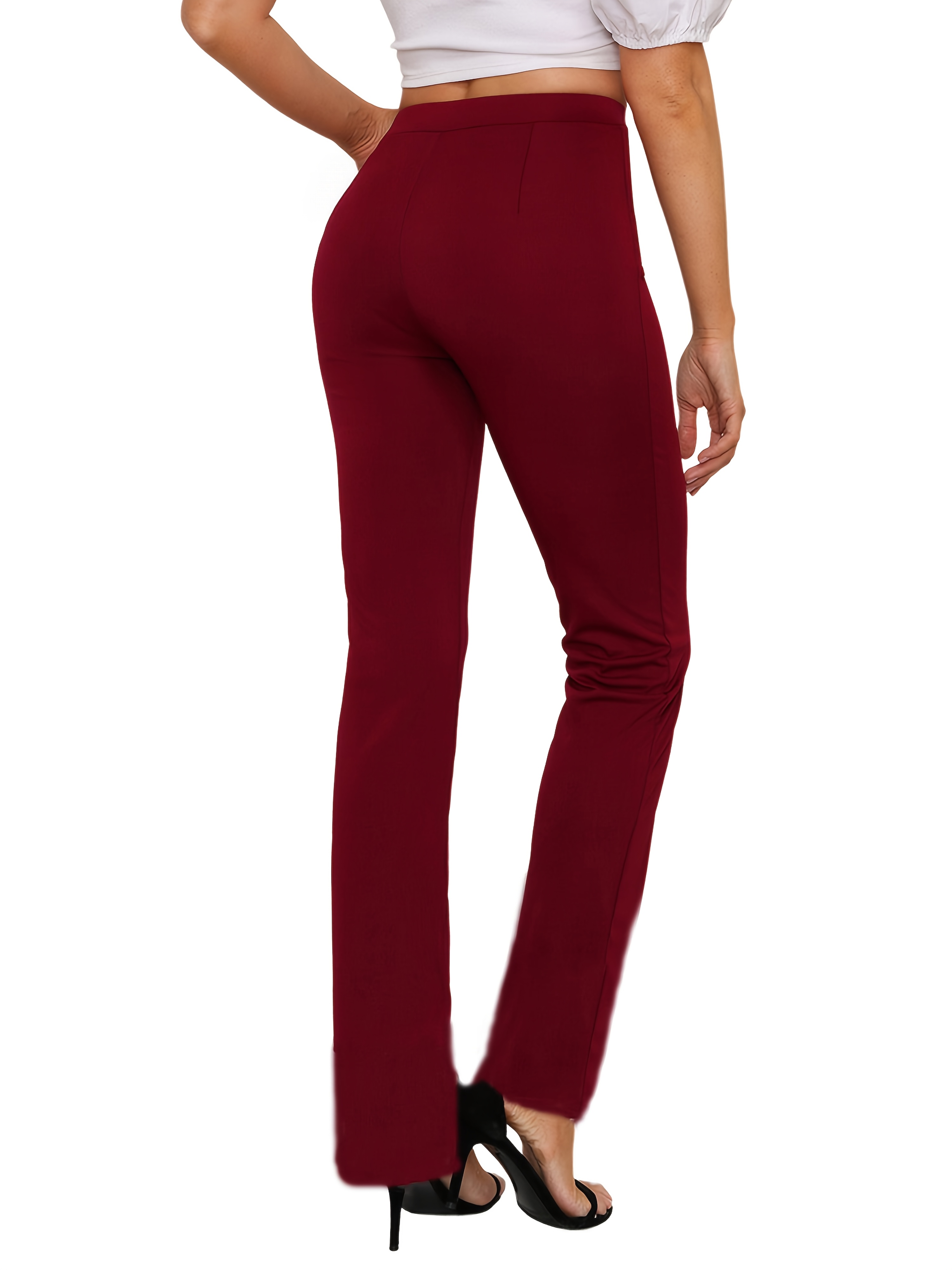 Women'S High-Waist Solid Color Maroon Pants - Slim Fit, Straight Leg, Polyester Blend, Machine Washable, All-Season Comfort, Versatile for Casual & Formal Outfits, Formal Attire, Sleek Appearance, Smooth Texture
