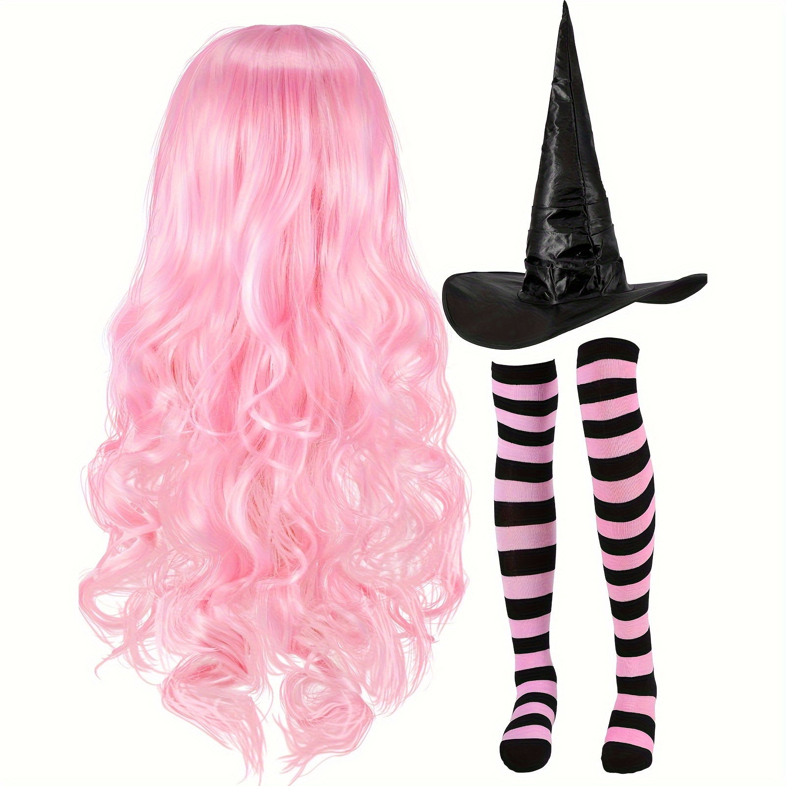 

3pcs Preppy Costume Accessory Set For Women - Polyester & Spandex Cosplay Kit With Long Pink Wig, Pointy Hat, And Striped Knee-high Socks For Masquerade Party Props