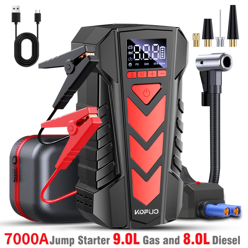 E-shop KOPUO 7000A Starthilfe mit Luftpumpe, 150PSI Reifenfüller, Batterie-Booster -40°C , Smart Jumper Kabel für 9.0L Benzin/8.0L Diesel, Auto LKW SUV