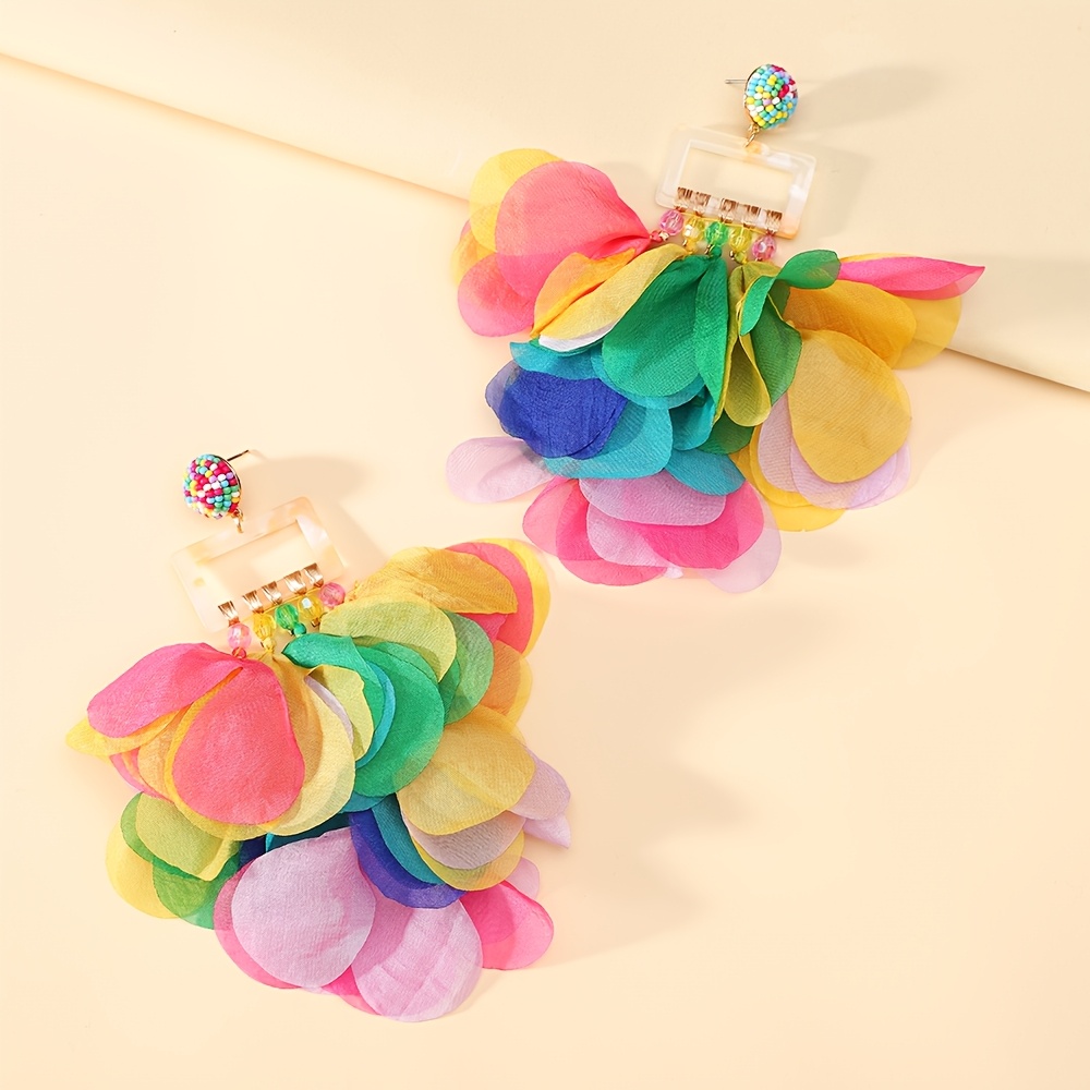 TEMU Handmade Boho Tassel Drop Earrings, Chiffon Petal Fabric Dangle Earrings For Women Summer Tropical Beach Vacation Party Jewelry