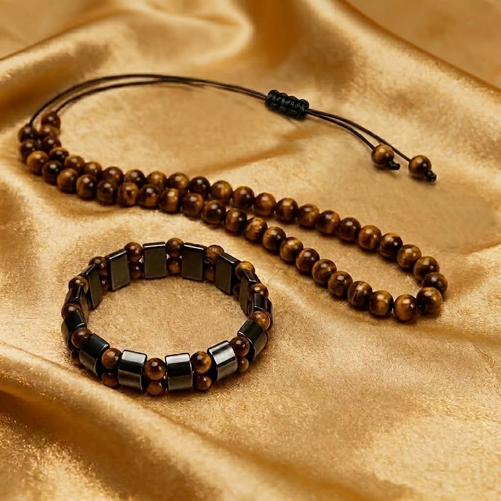 TEMU 2pcs Eye Textured Material & Hematite Jewelry Set, Vintage Beaded Long Necklace And Men's/women's Protective Bracelet, Symbolizing Wealth And ,