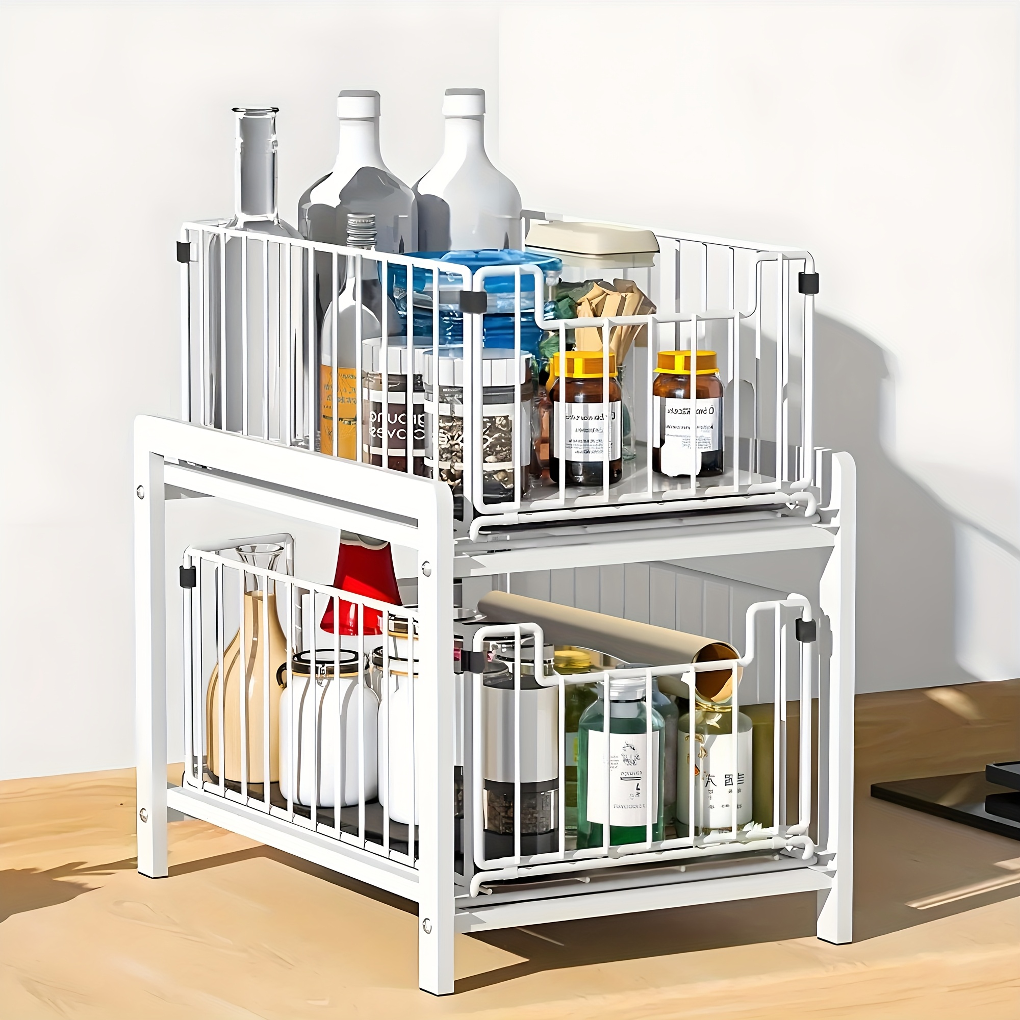 TEMU 2-tier Sliding Under-sink Organizer Rack – Durable Metal Wire Storage Basket For Kitchen & Bathroom Essentials, Removable & Easy To Clean,