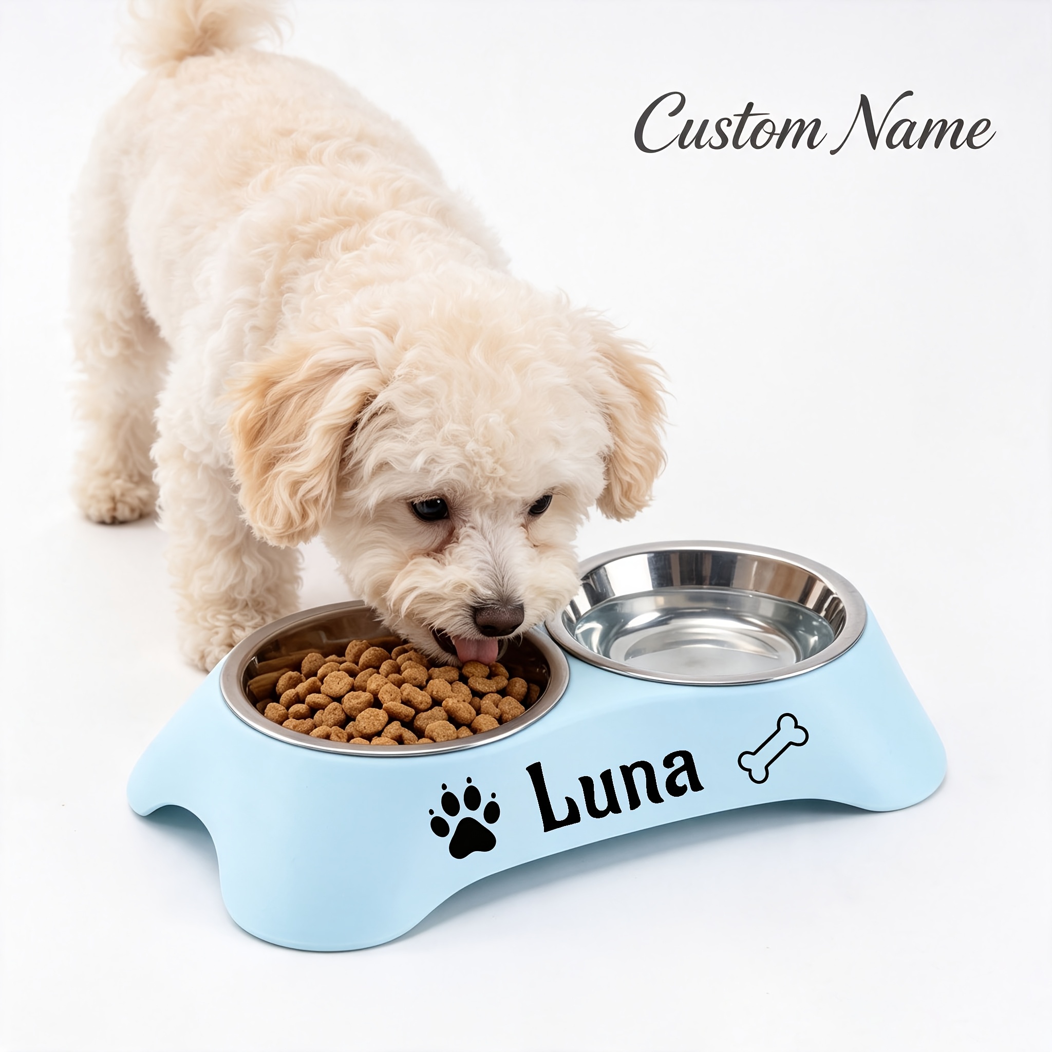 TEMU Pet Double Bowl Stainless Bowl For Water And Food, With Stainless Steel Inner Liner, Customizable With Exclusive Name, Universal Food Bowl For