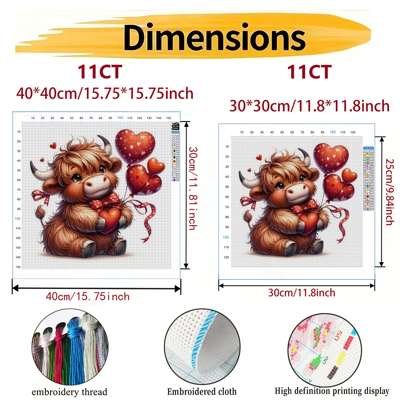 DIY Cross Stitch Print Kit, Frameless, Cute Cow Hugging Heart Balloon
