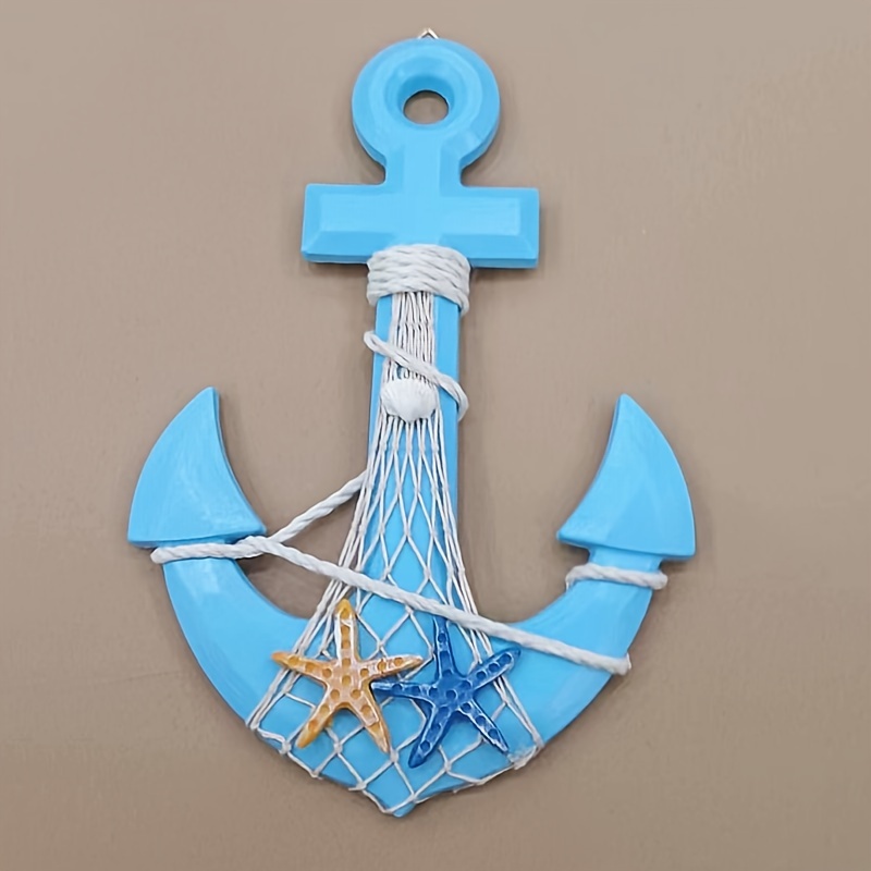 Image of 1pc Mediterranean Nautical Anchor Wall Decor - Starfish Accents, Handcrafted Wooden Anchor With Rope Detailing, Coastal Home Decor For Living Room, Bedroom, Beach House, Nautical Decor