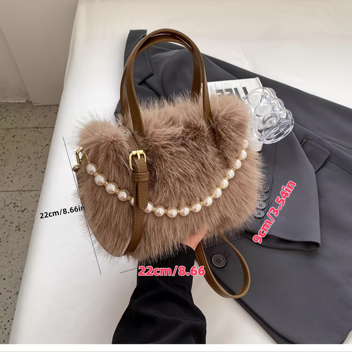 TEMU Chic Fur Crossbody Bag With Pearl Accents - Soft Plush Shoulder Purse For Women, Available In Pink, Khaki, Coffee, White, Black