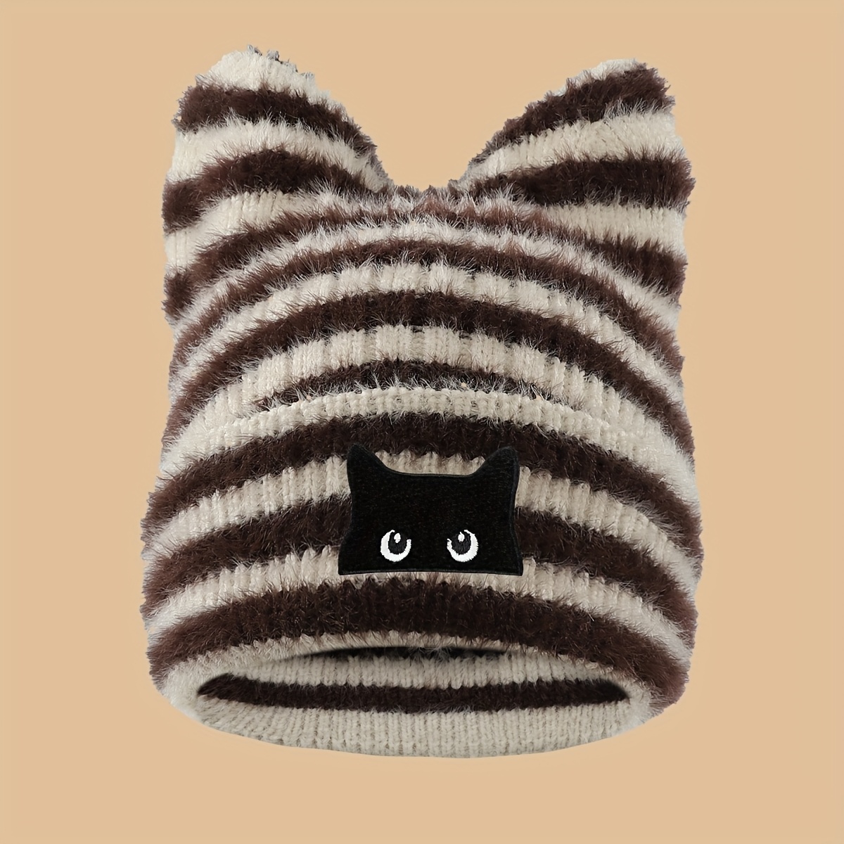 TEMU 1pc Cute Cartoon Black Cat Thick Cat Ear Hat, Fluffy Beanie, Unisex, Outdoor Trendy Skateboarding Cap, Autumn Winter Ear Protection -proof Hat,
