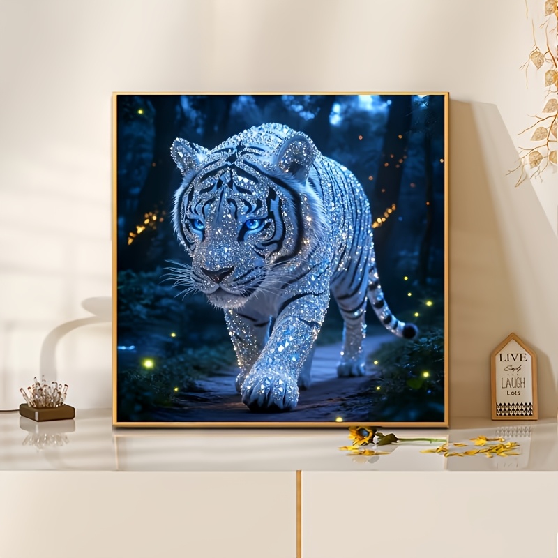 TEMU 1pc Large Diy Diamond Painting Kit With Tiger - Drill Acrylic Mosaic Art, Glowing Animal-themed Wall Decor For Adults & Beginners, Suitable For