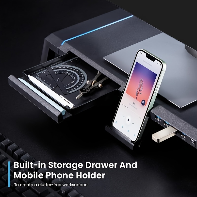 Ergonomic Monitor Stand with RGB Lighting, 4 USB Ports & Storage Compartment – Adjustable Height up to 80mm, Foldable Design for PC, Laptop, Desktop, and Mobile Devices, Device Accessory | Nonslip Features, Monitor Stand for Desk