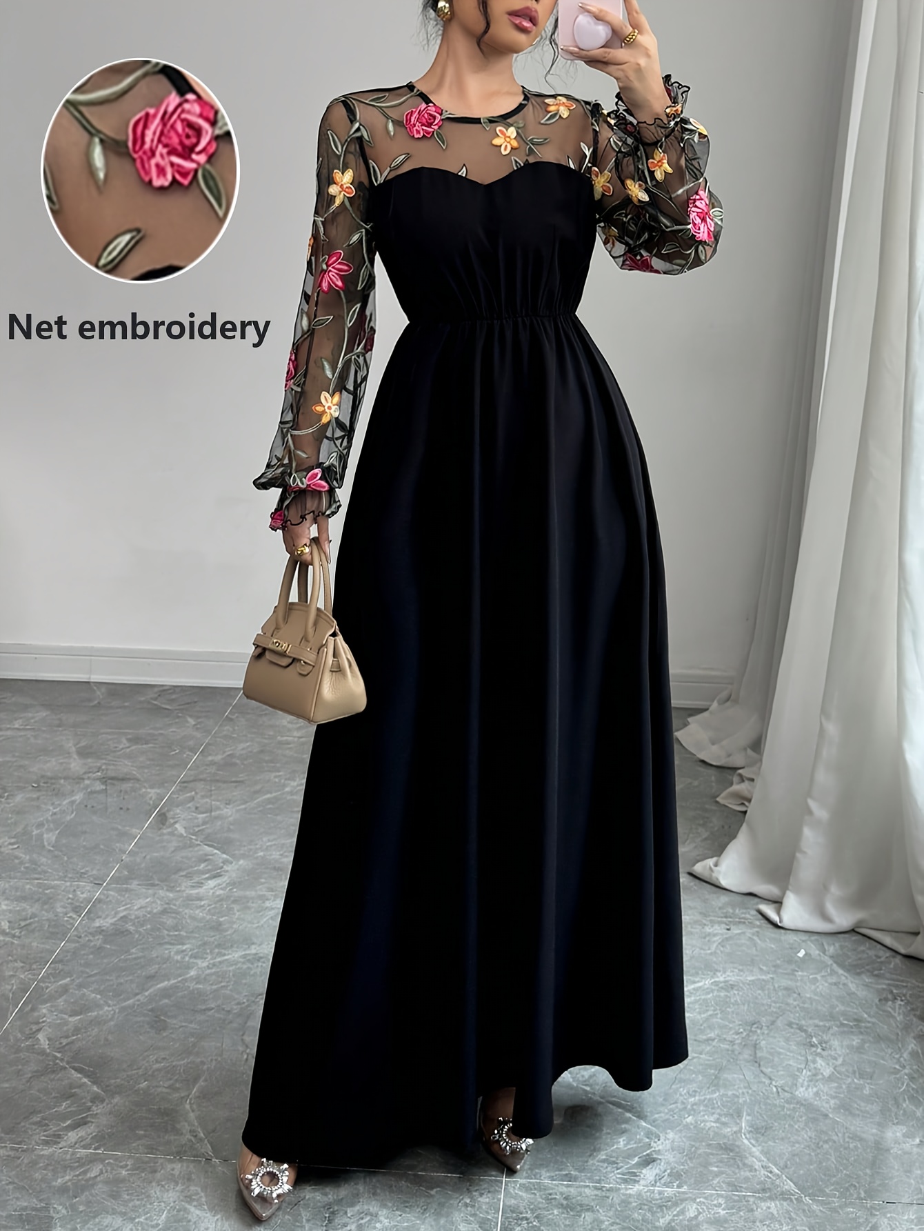 elegant summer solid color crew neck embroidered floral - Temu Saudi Arabia