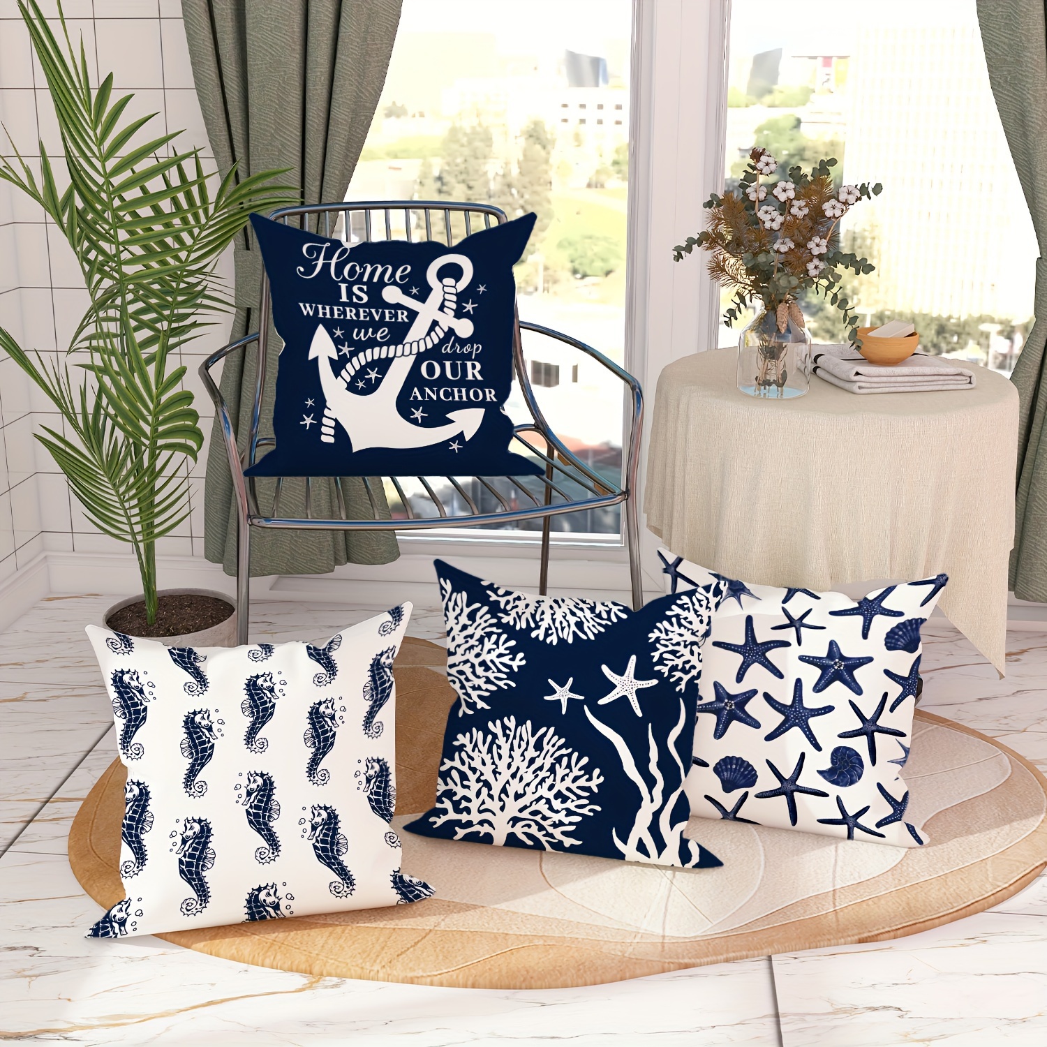 

Nautical Charm 4-piece Velvet Pillow Cover Set - Coastal Anchor, Seahorse & Starfish Designs In Navy Blue & White For Living Room And Bedroom Decor