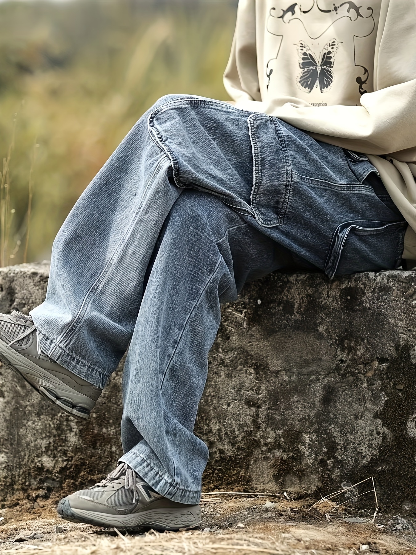 Men's Casual Loose Retro Wide Leg Jeans Pocket Denim Cargo - Temu