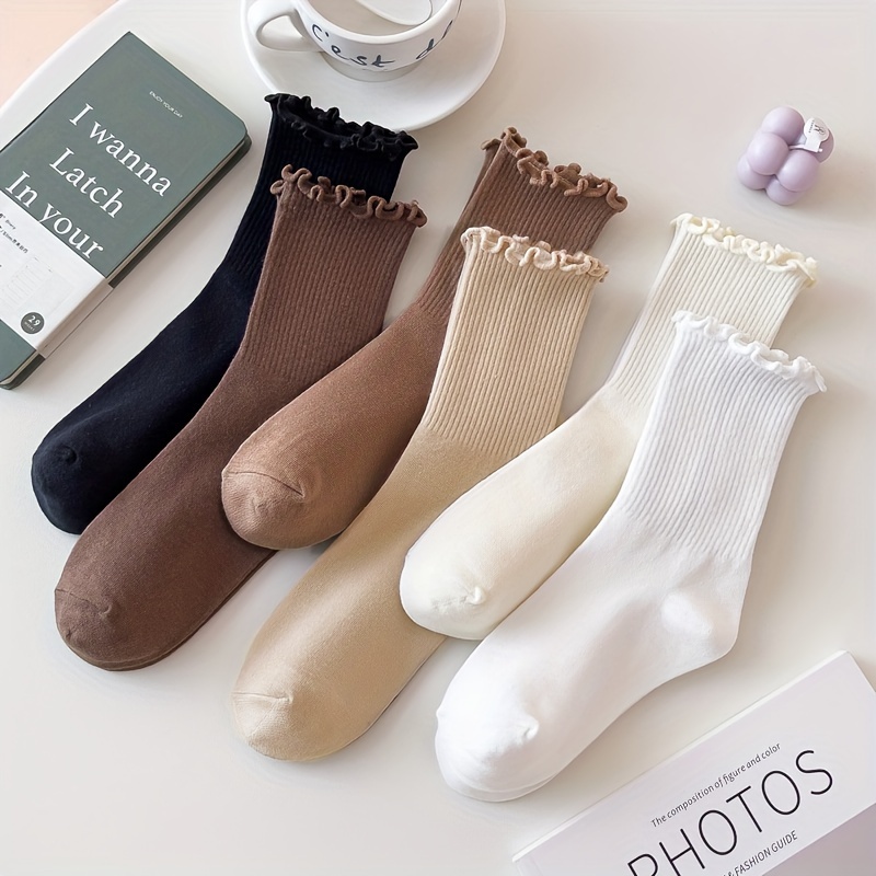 

2/5/6/10 Pairs Solid Ribbed Socks, Breathable Frill Trim Mid Tube Socks, Women's Stockings & Hosiery