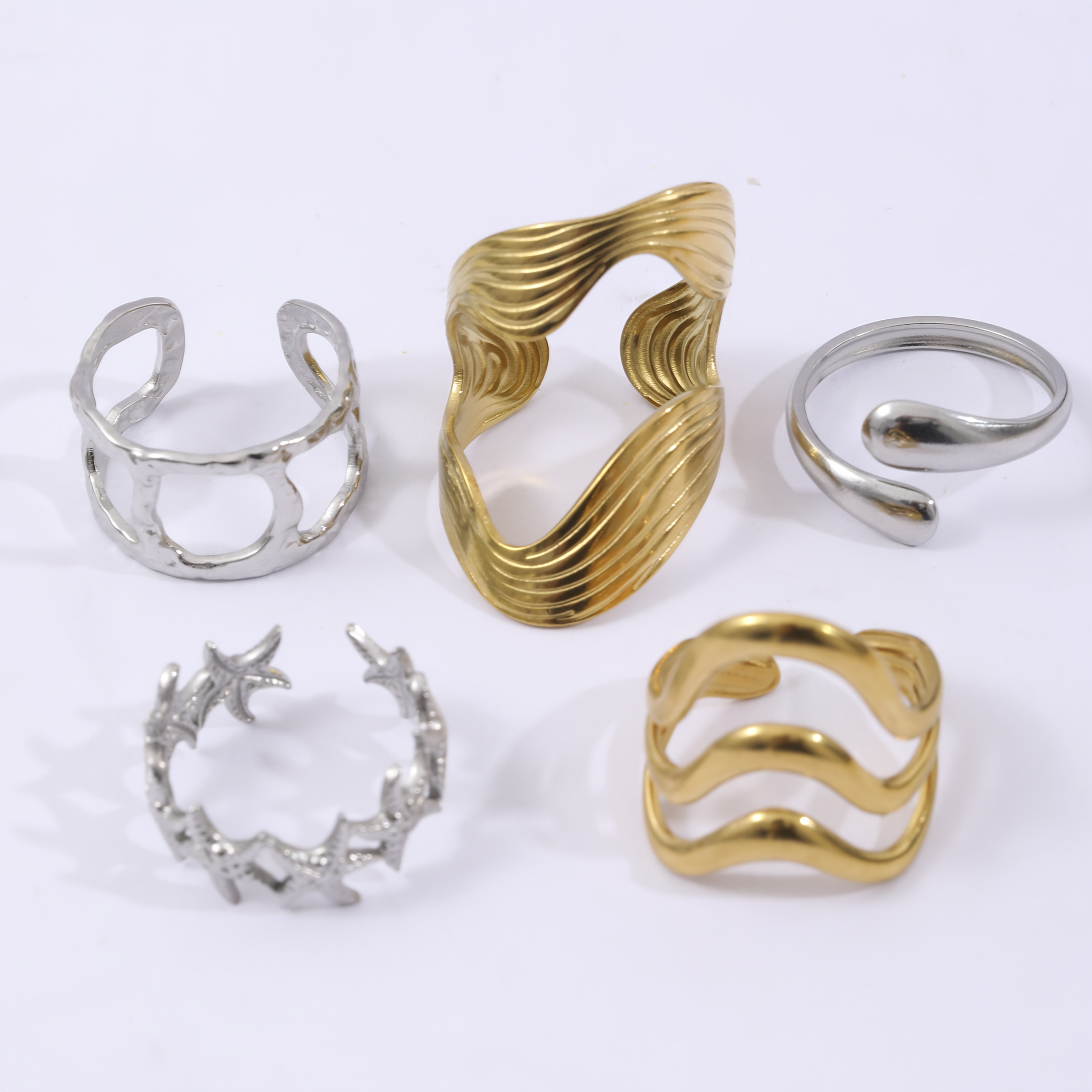 5pcs Golden and Silvery Stainless Steel Ring Set