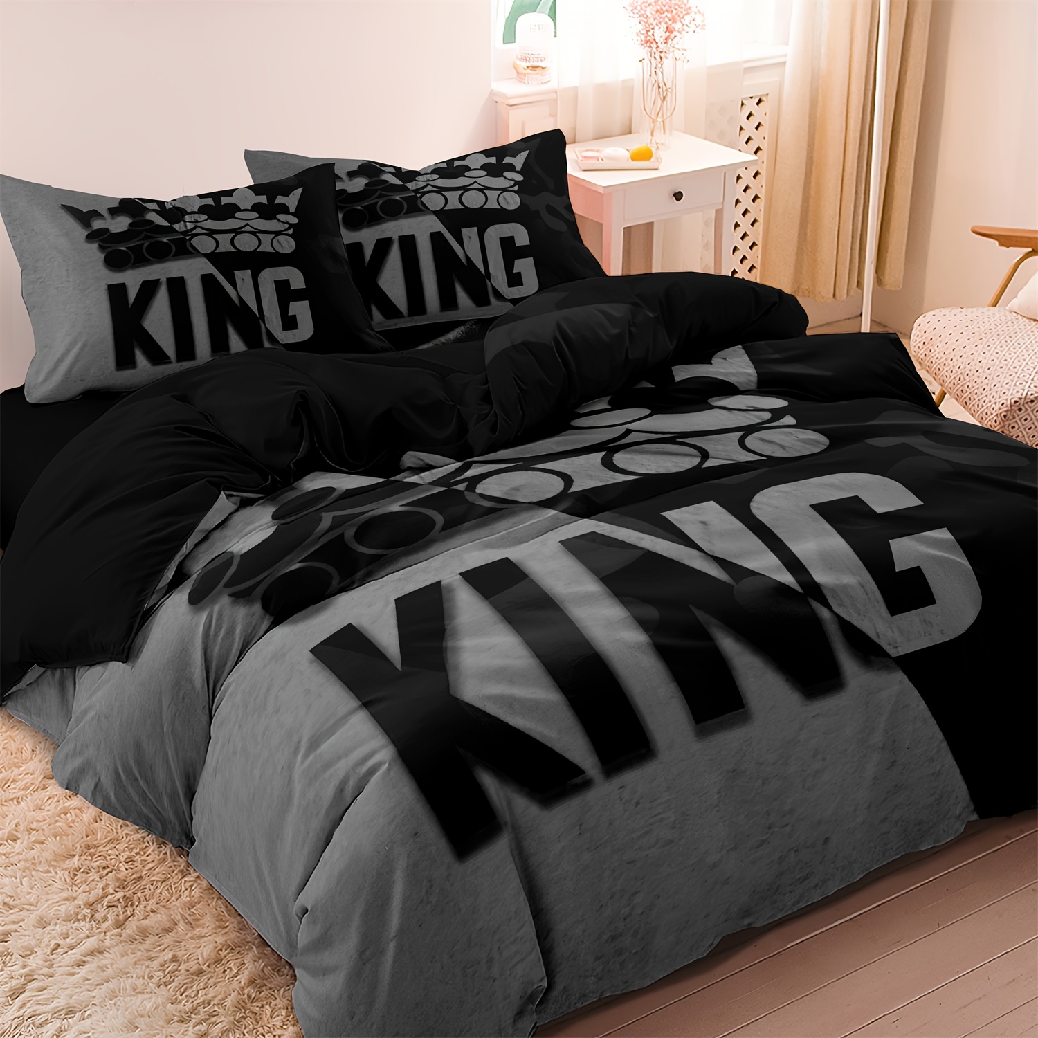 TEMU 3pcs Aesthetic Black Grey Soft Cozy King Letter Crown Pattern Quilt Cover Set - 1pc Duvet Cover And 2pcs Pillowcases - No Filling, Zipper