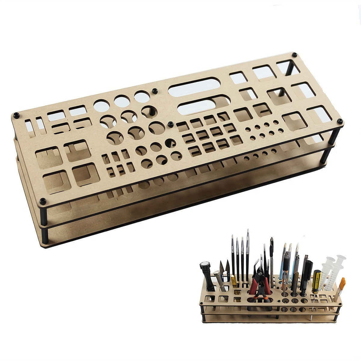 Image of 65-slot Wooden Screwdriver Holder, Screwdriver Storage Box, Portable Tool Case, Suitable For Workshop Tool Trays, Screwdrivers, Tweezers, Brushes, And Pens