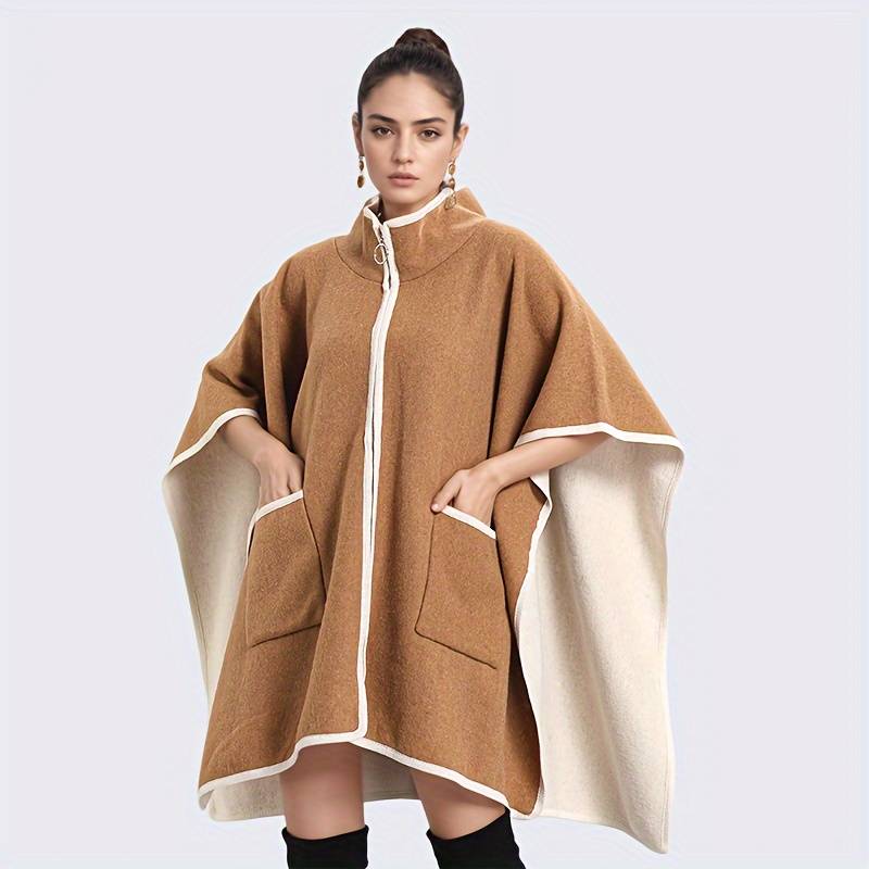 Scialle Poncho Donna Invernale In Cashmere A Quadri Stile Boho Con Nappe - Beige/marrone