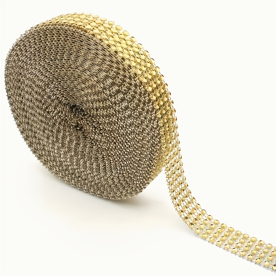 Image of 1pc Of 4-row, 5-yard Luxurious Golden Openwork Mesh Rhinestone Ribbon, Suitable For Crafts, Christmas, Weddings, Parties, And Birthday Parties