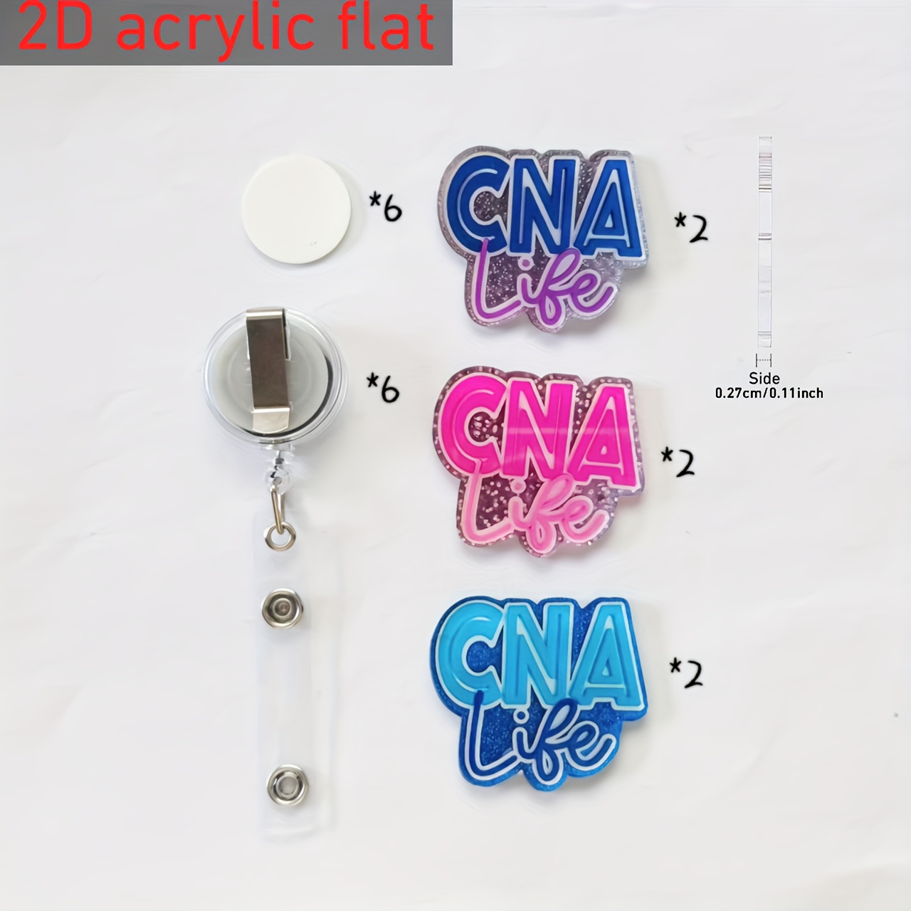 TEMU 6-pack Glitter Cna Nurse Name Tag Clips With Messages & Name Badge Reels - Pink, Blue, Purple Acrylic Medical Id Badges For Nurses Week, Gifts,